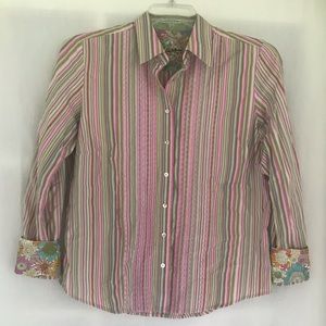 Robert Graham Contrast Sleeve Button Front Striped Shirt Blouse Size L